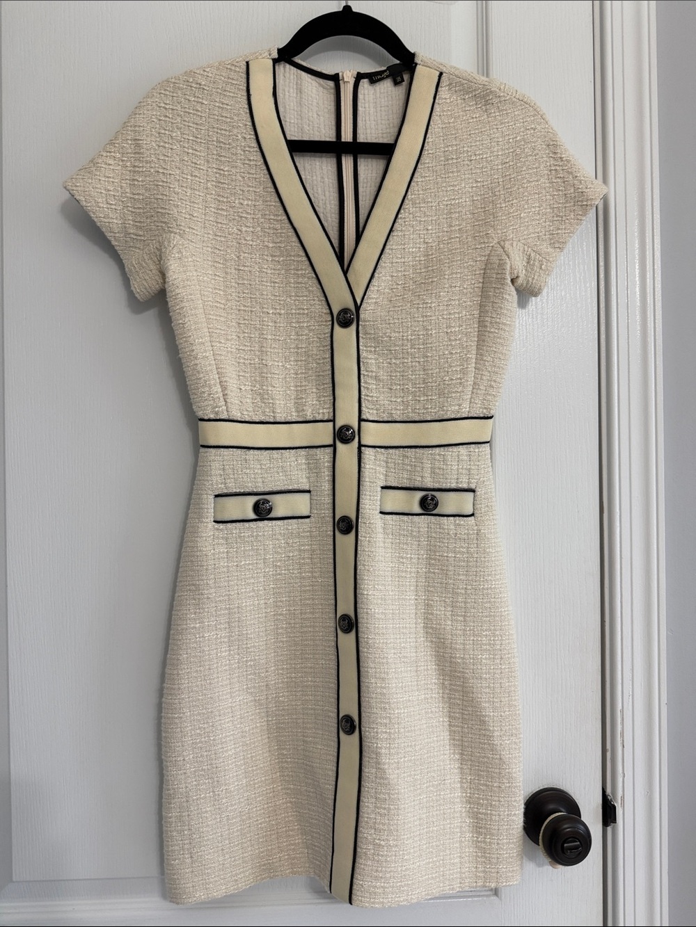 Maje Cream Tweed Button-Front Mini Dress with Black Trim